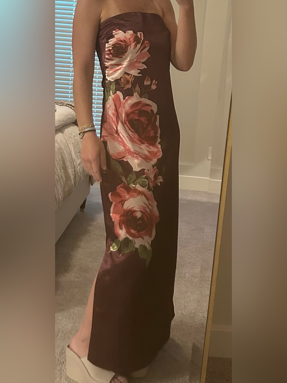 Strapless Burgundy Floral Maxi Dress